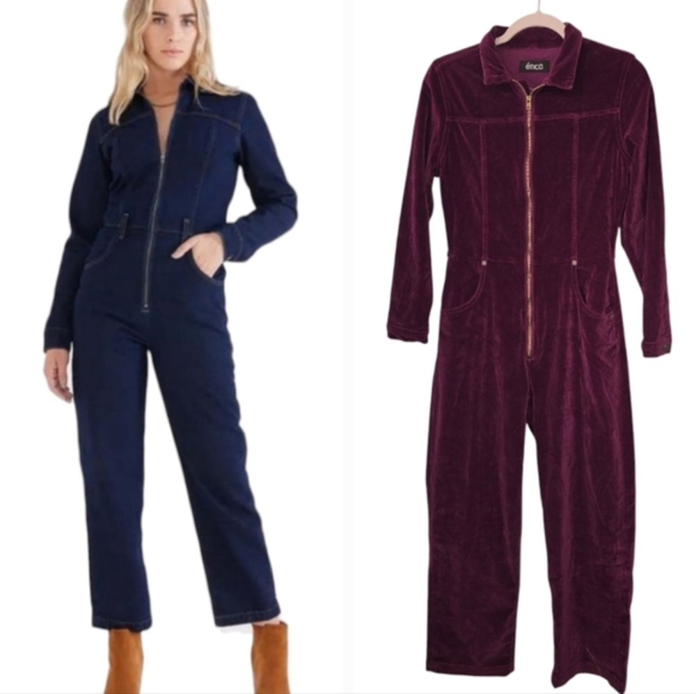 Etica Plum Purple Velvet Corduroy Zip Front Long Sleeve Utility Jumpsuit
